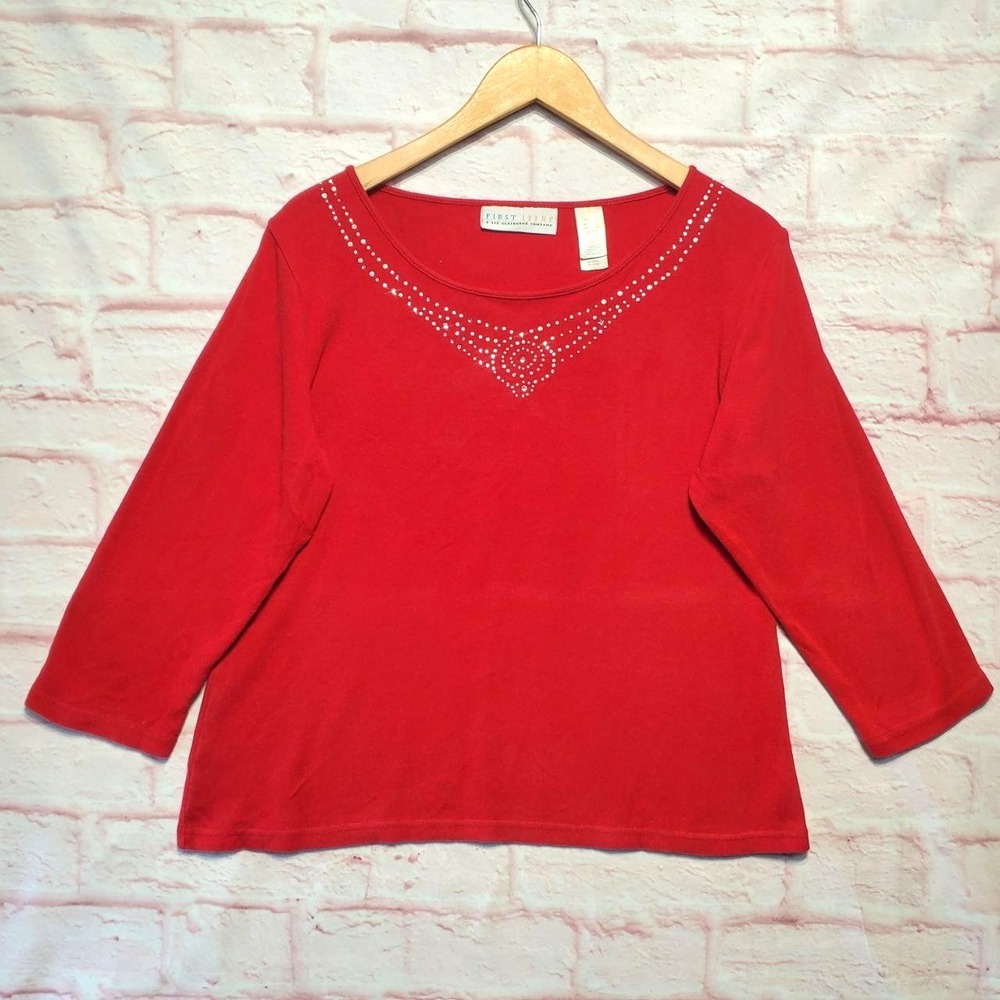First Issue Liz Claiborne Shirt Women Large Red Rhinestone Christmas Holiday Top